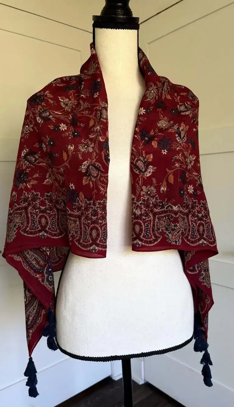 Lucky Brand 100% Silk Red Floral Paisley Tassel Wrap Scarf EUC